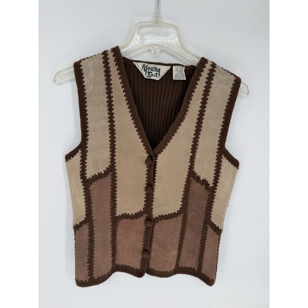 Vtg 70s Young East Suede & Crochet Knit Patchwork Set - Size 13/14 Boho Western